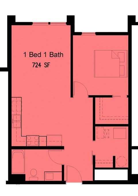 Floor plan for 1 bed, 1 bath, 747 sqft